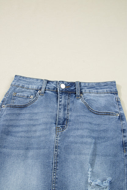 Distressed High Waist Asymmetrical Denim Midi Skirt