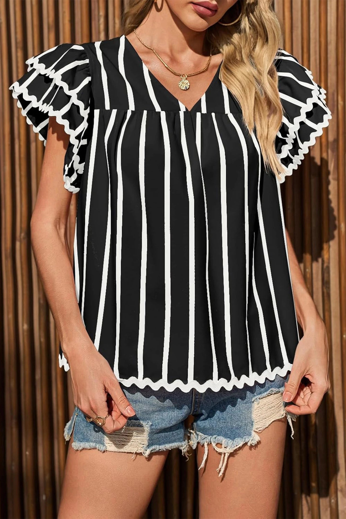 Striped V Neck Flutter Sleeve Blouse Casual Loose Top