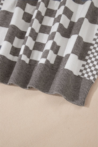 Women’s Brown Checkerboard Drop Shoulder Sweater Top