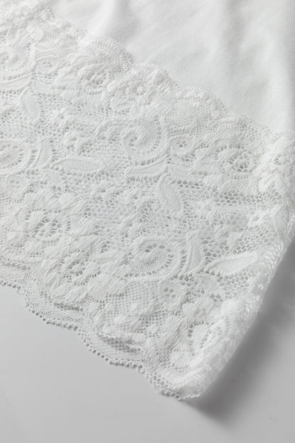 White V Neck Lace Trim Long Sleeve Soft Casual Top