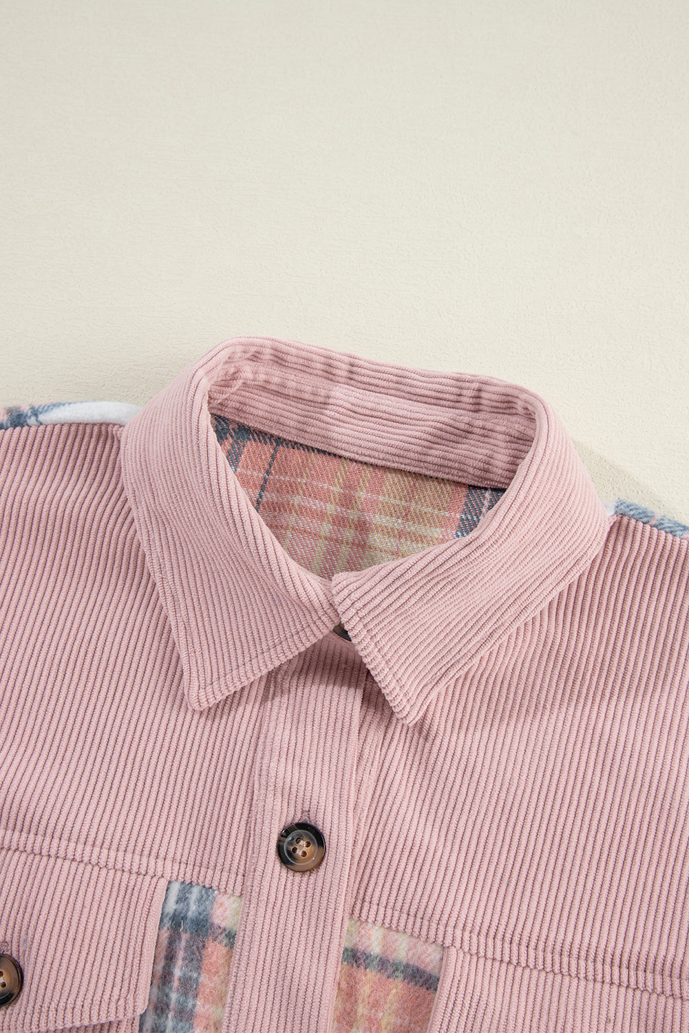 Light Pink Plaid Corduroy Patchwork Pocket Shacket