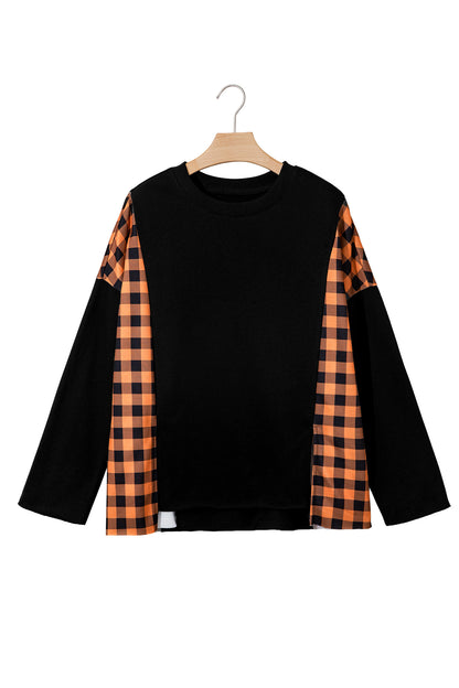 Halloween Pumpkin Face Plaid Patchwork Long Sleeve Top