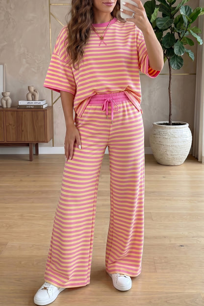 Pink Stripe Wide Leg Lounge Set Women 2 Piece Outfit