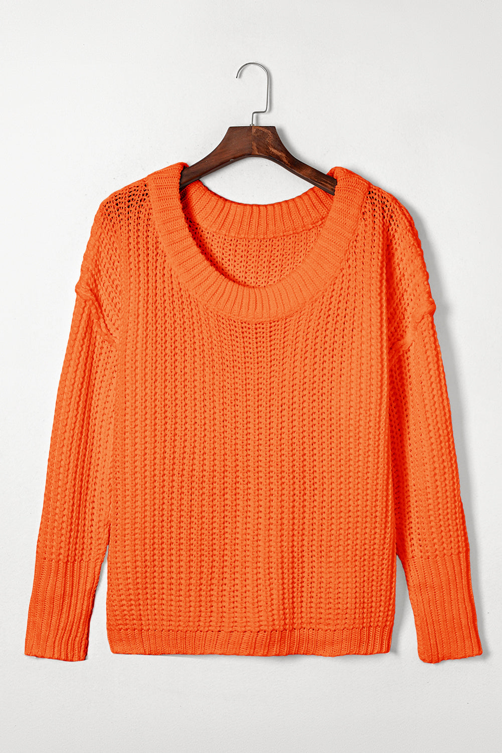 Orange Ribbed Knit Sweater Oversized Wide Neck Pullover