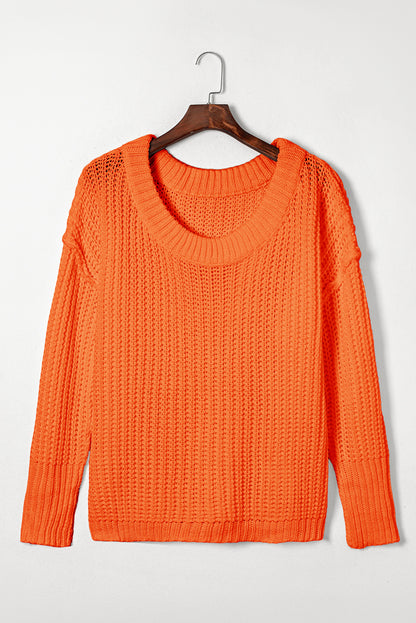 Orange Ribbed Knit Sweater Oversized Wide Neck Pullover