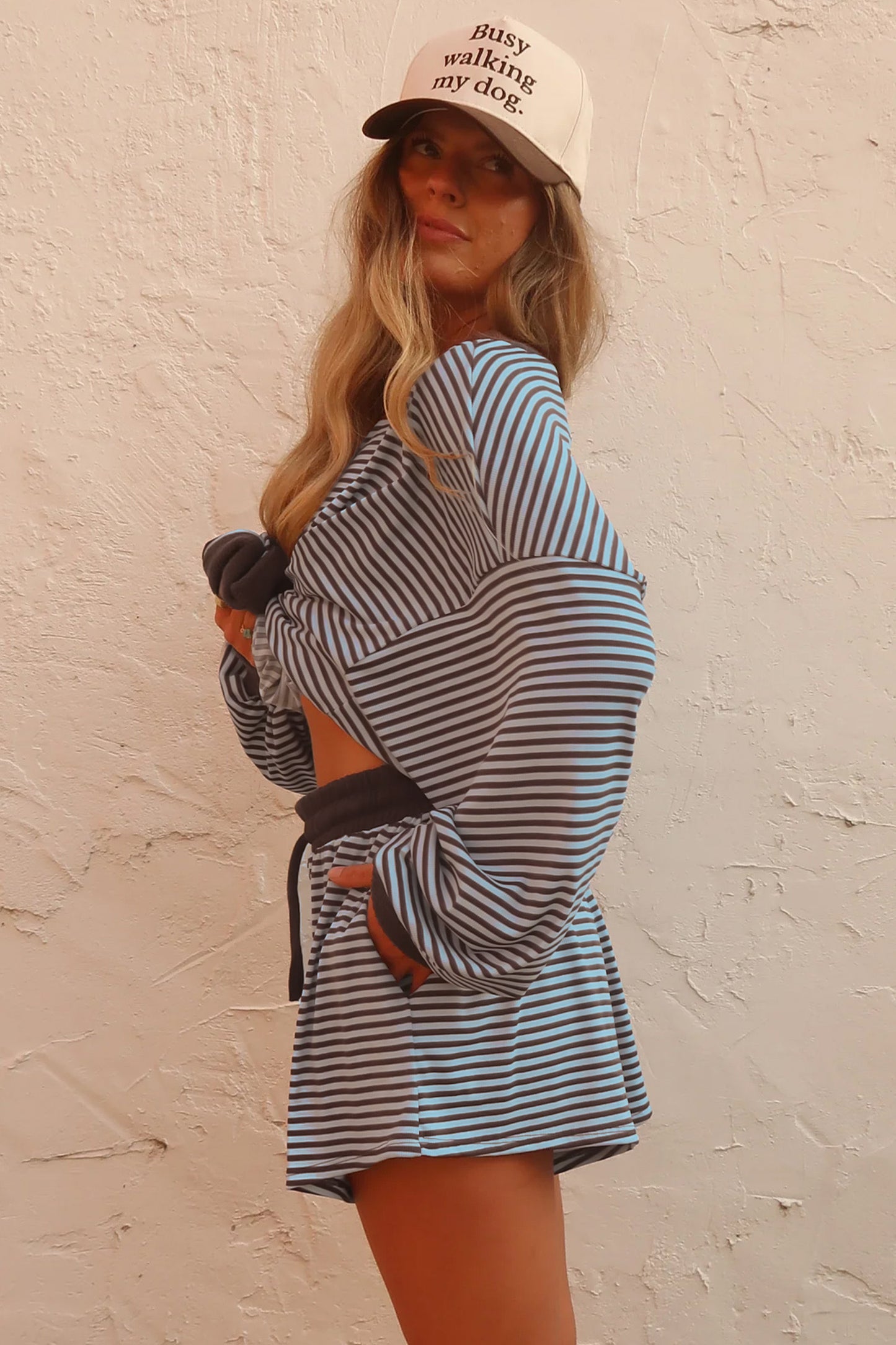 Women's Striped Oversized Contrast Trim 2-Piece Set