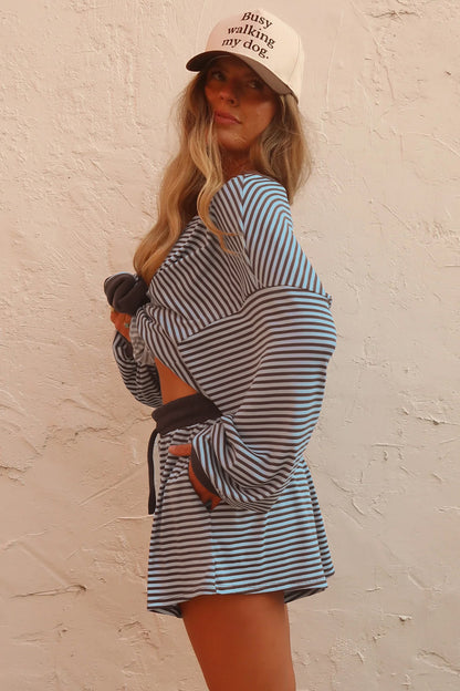 Women's Striped Oversized Contrast Trim 2-Piece Set