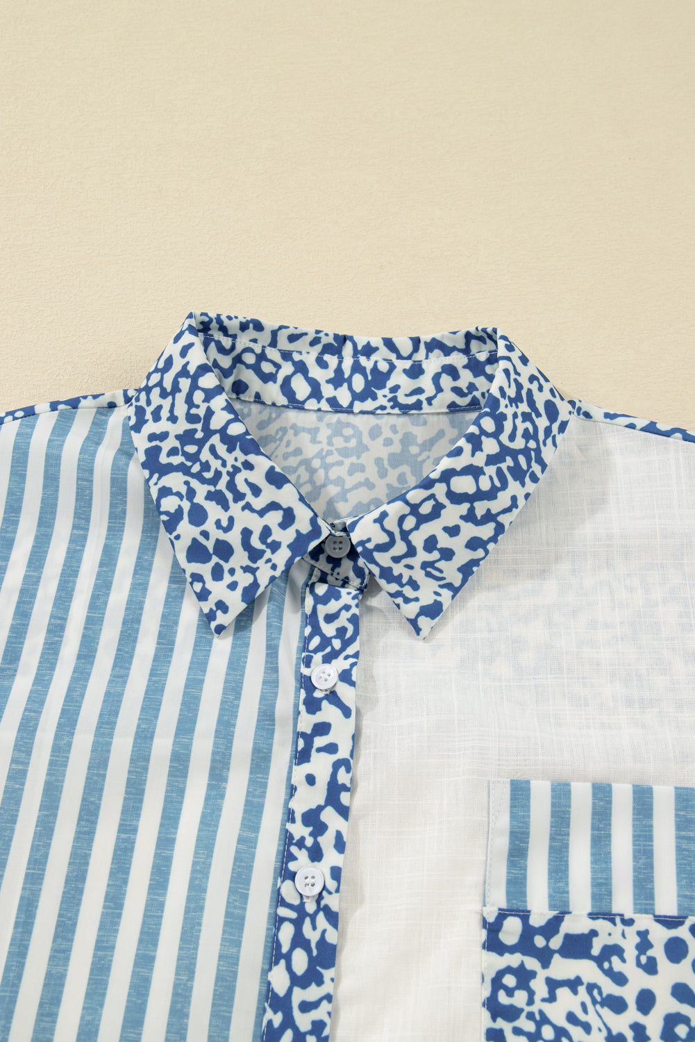 Sky Blue Striped Leopard Patchwork Cotton Plus Shirt
