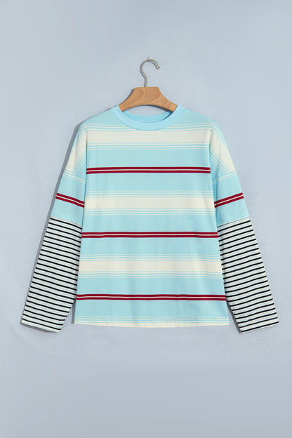 Sky Blue Stripe Casual Striped Patchwork Long Sleeve Loose Pullover Top