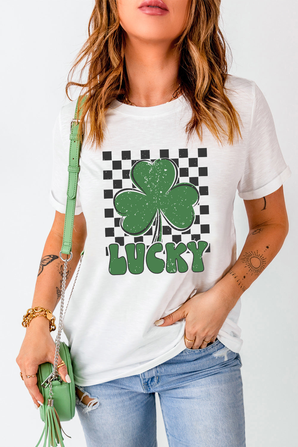 St. Patrick’s White Lucky Clover Checker Graphic Tee