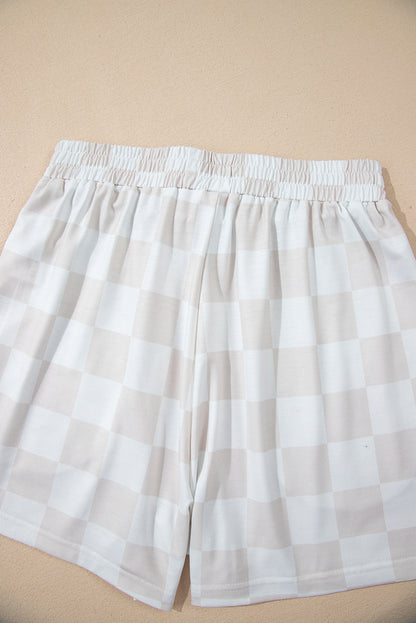 Beige Checkered Lounge Set V Neck Tee Shorts