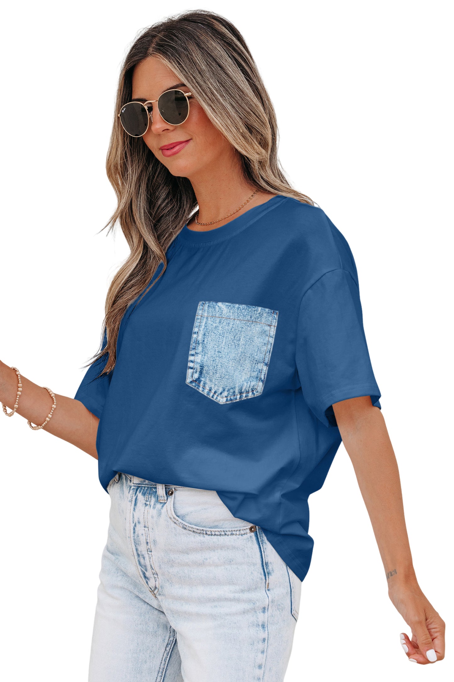 Pocket Tee Women Contrast Denim Pocket Casual T Shirt
