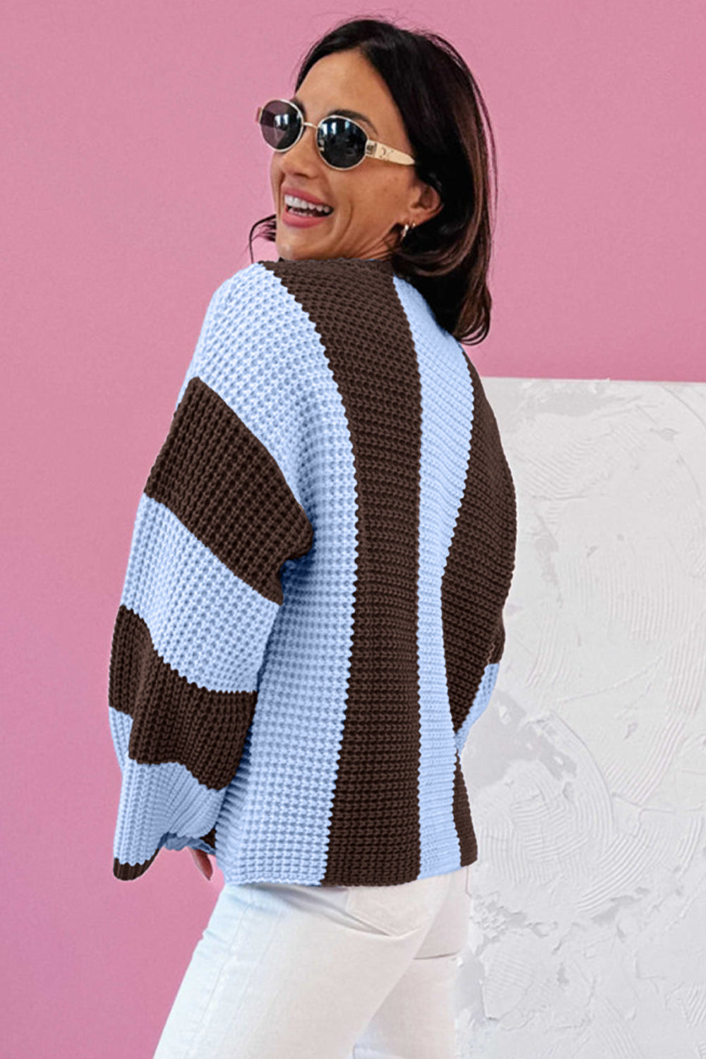 Women's Color Block Striped Knit Sweater Drop Shoulder