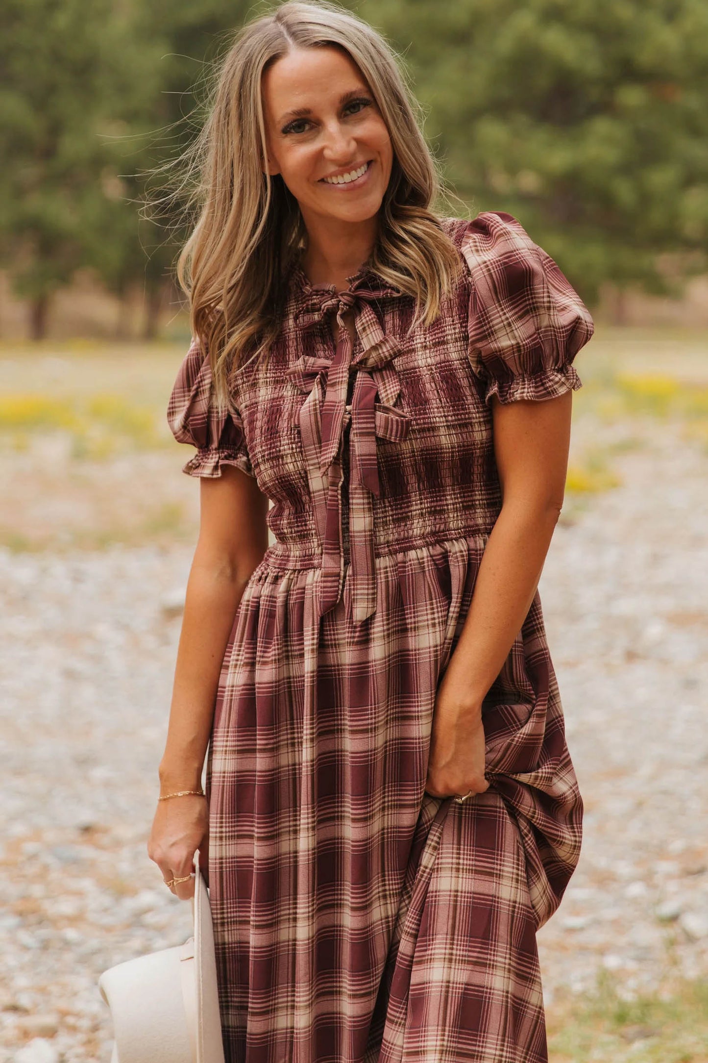 Western Plaid Puff Sleeve Midi Dress Tie Front