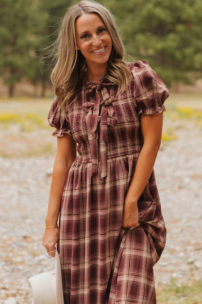 Western Plaid Puff Sleeve Midi Dress Tie Front