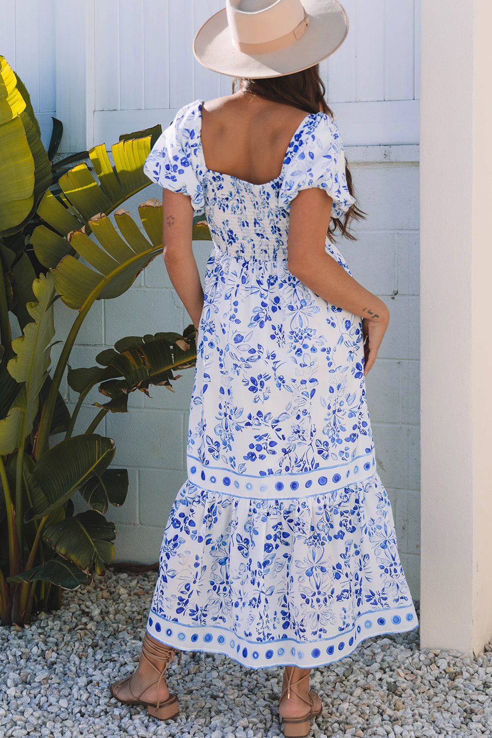 Blue Floral Square Neck Smocked Maxi Dress