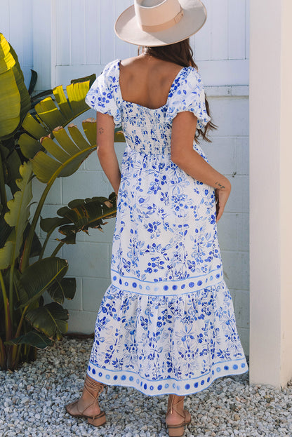 Blue Floral Square Neck Smocked Maxi Dress