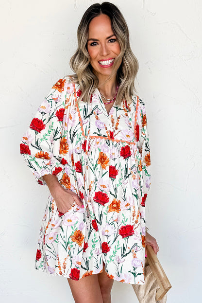 Easter Floral Ricrac Trim Puff Sleeve Mini Dress