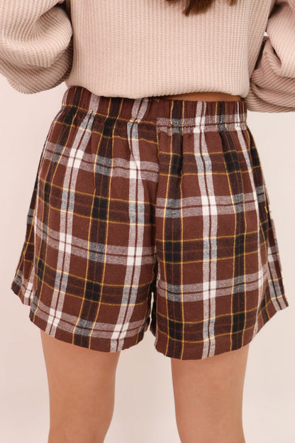 Brown Plaid High Waist Pull On Shorts