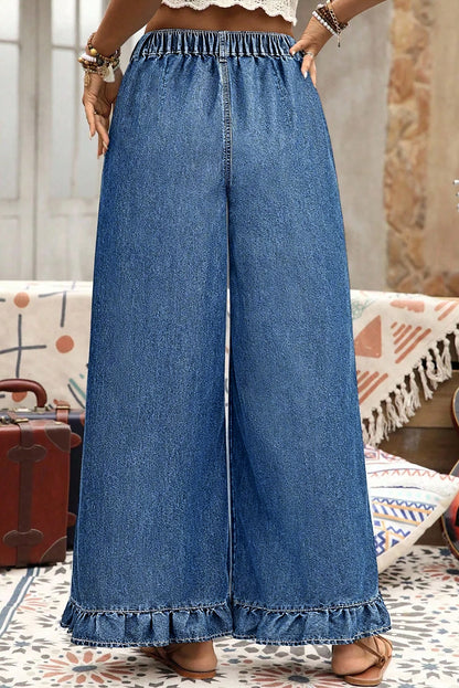 Sail Blue Plus Size Elastic Waist Ruffle Hem Jeans