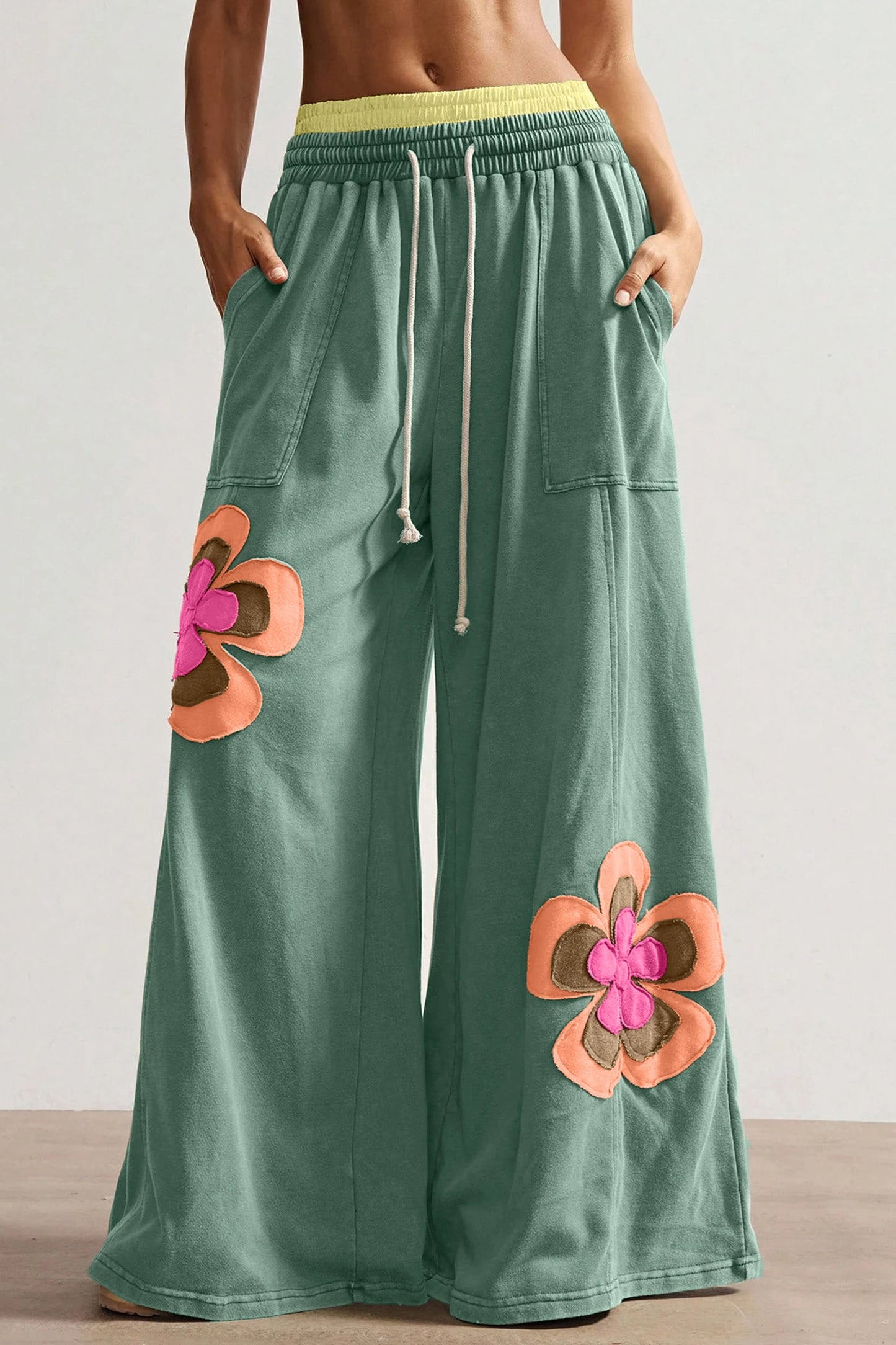 Color Block Floral Patch Wide Leg Pants Drawstring Waist