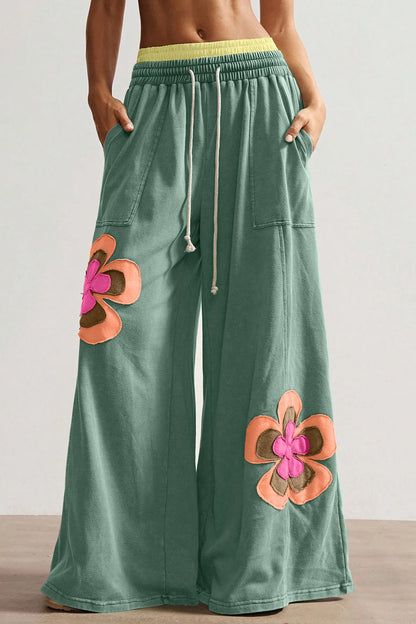 Color Block Floral Patch Wide Leg Pants Drawstring Waist