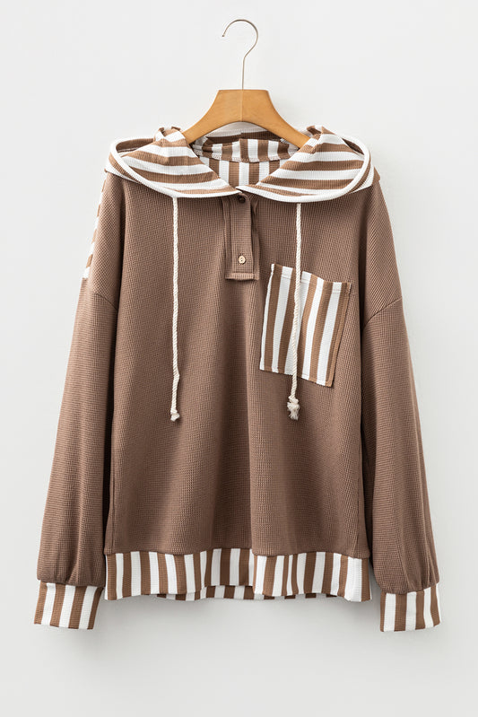 Striped Patchwork Button Neck Drawstring Hoodie with Waffle Texture