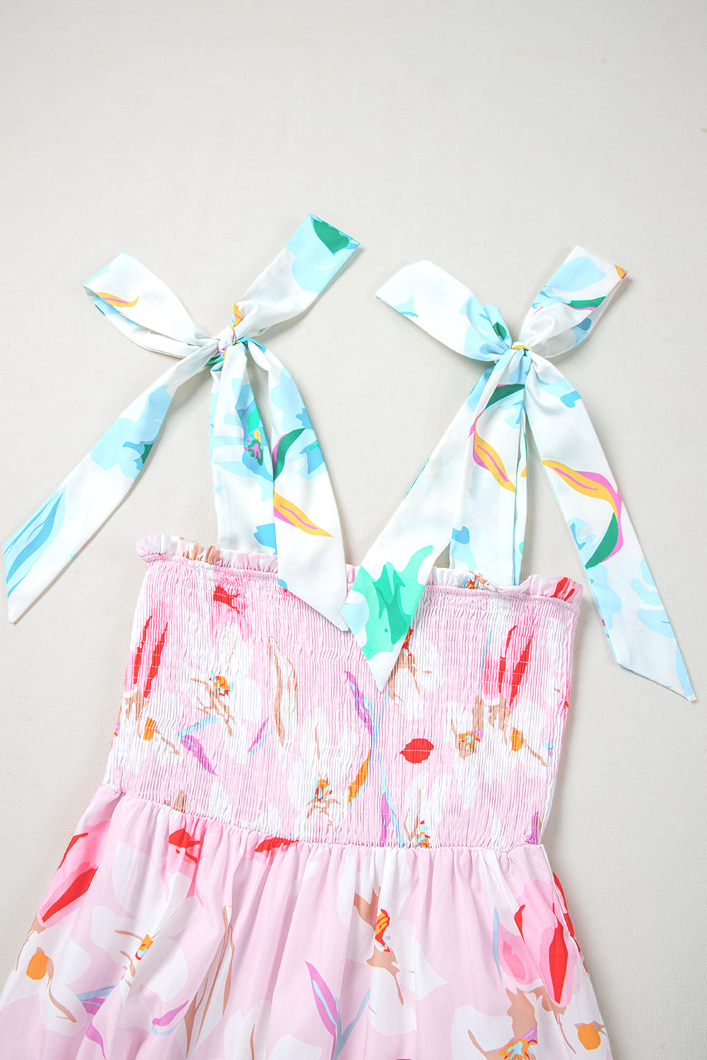 Pink Floral Smocked Maxi Dress Tie Shoulder Flowy