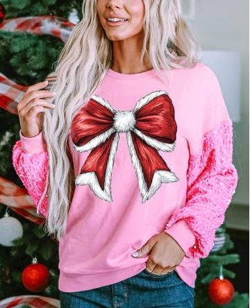 Christmas Bow Pattern Pink Pullover Sweater with Patchwork Sleeves