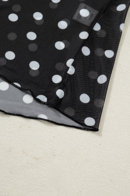 Black Polka Dot Mesh Mock Neck Long Sleeve Top