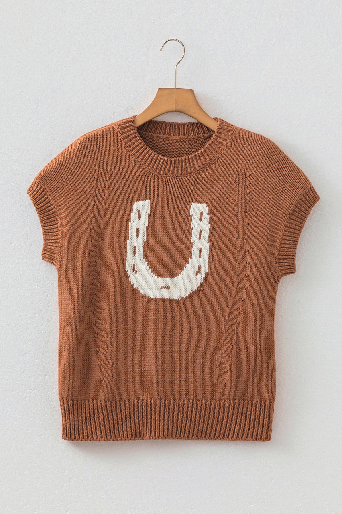 Western Horseshoe Knit Sweater Tee Short Sleeve Pullover