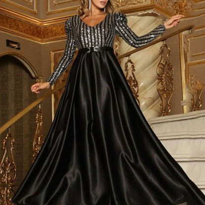 Deep V-Neck Long Sleeve Satin Lace Evening Gown