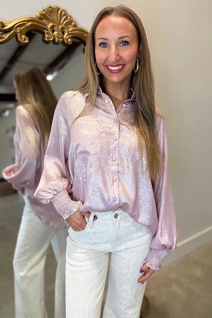 Delicacy Metallic Button Down Satin Blouse with Smocked Cuffs