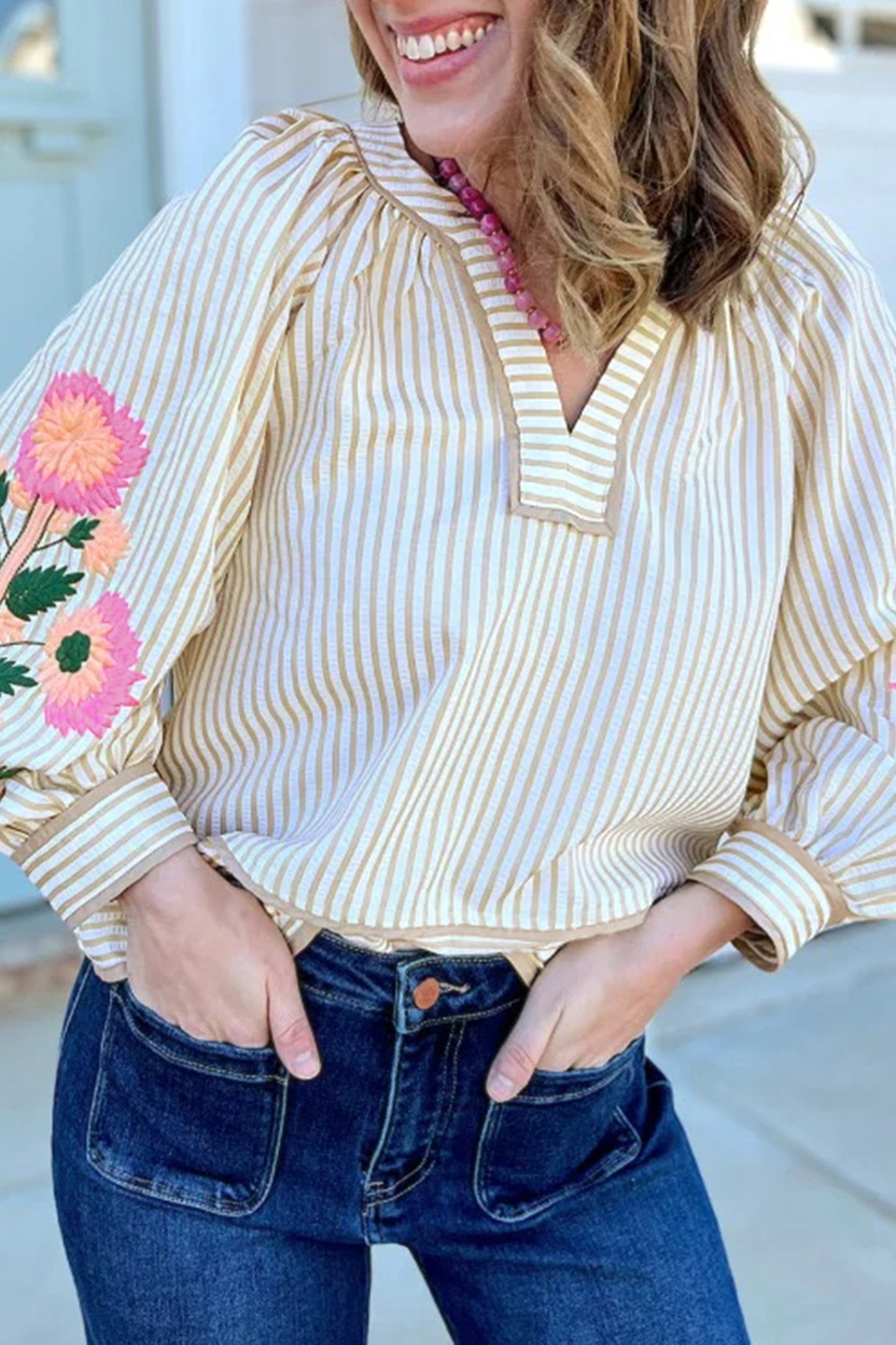 Stripe Floral Embroidered V Neck Blouse Women Long Sleeve