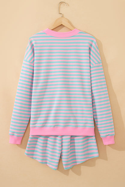 Striped Long Sleeve Pullover and Shorts Lounge Set