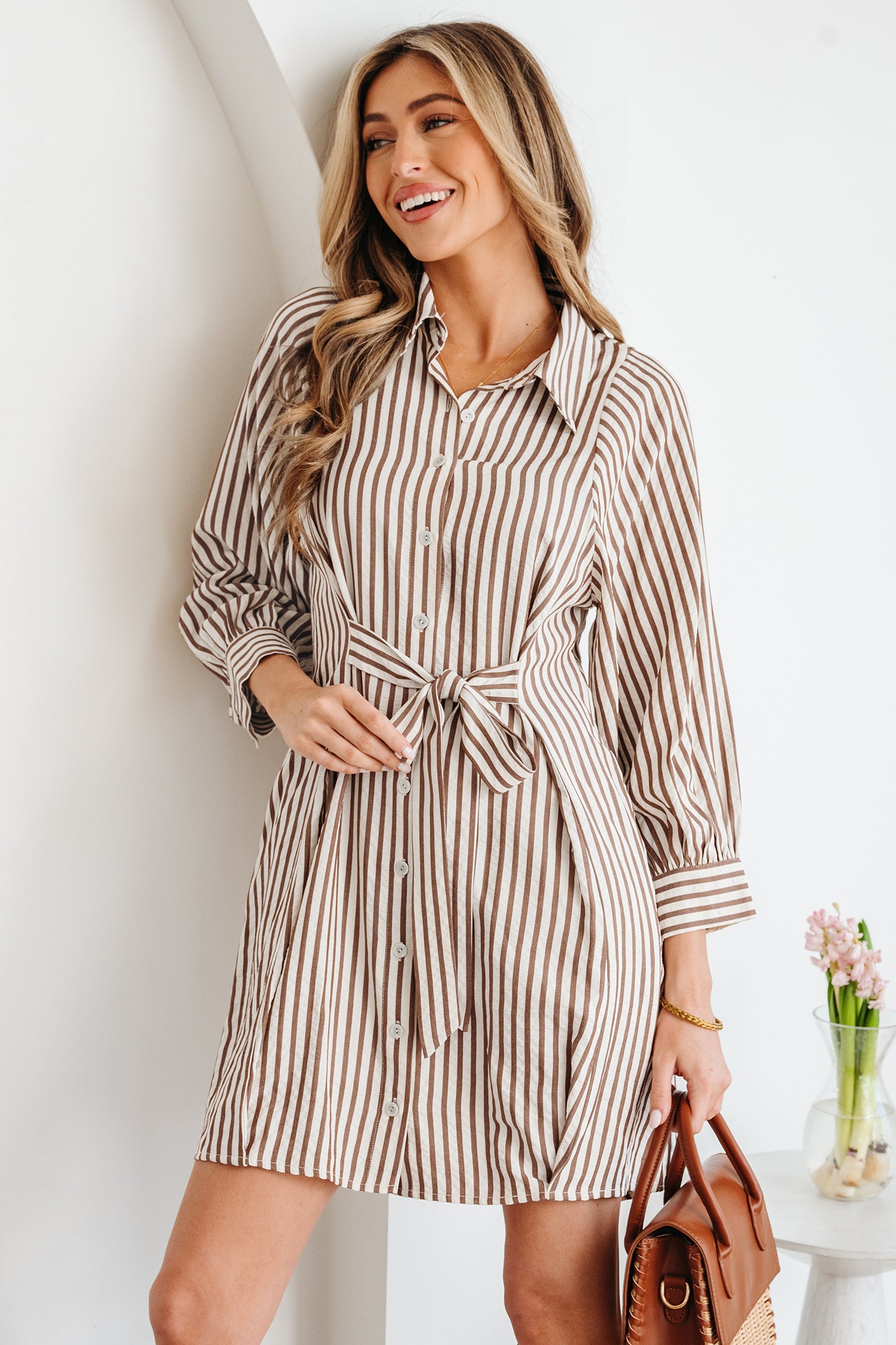 Brown Stripe Knot Waist Puff Sleeve Button Down Shirt Dress