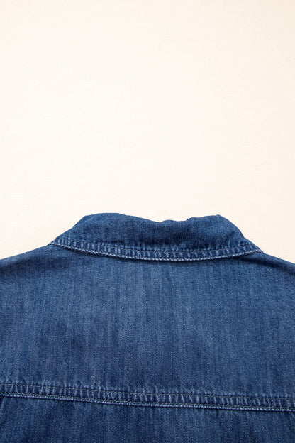 Blue Zip Front Collared Pocket Shift Denim Mini Dress