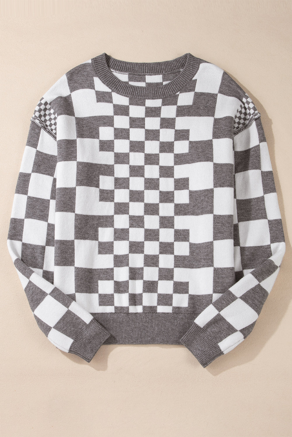 Women’s Brown Checkerboard Drop Shoulder Sweater Top