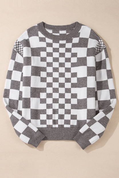 Women’s Brown Checkerboard Drop Shoulder Sweater Top