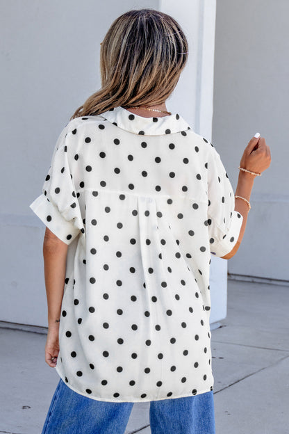 Beige Polka Dot Button Up Dolman Sleeve Loose Blouse