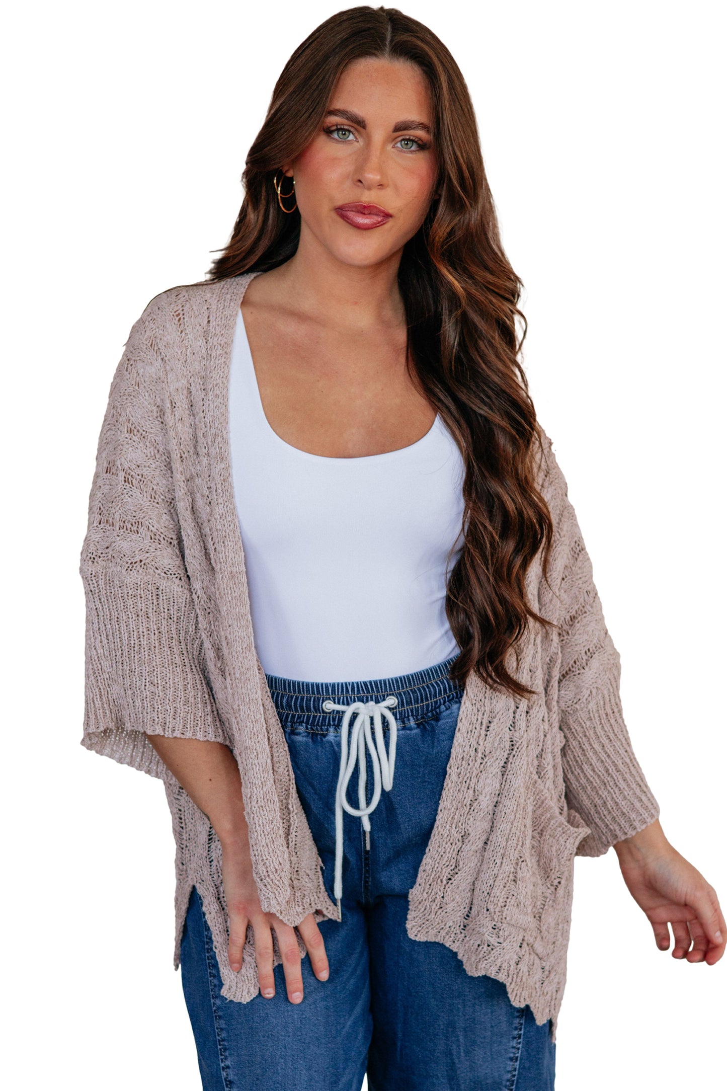 Old Rose Hollow Knit Drop Shoulder Cardigan Sweater