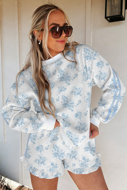 Blue Floral Lounge Set Long Sleeve Top Ruffle Shorts