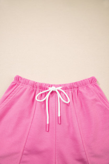 Pink V Neck Lounge Set Drawstring Shorts 2 Piece Set