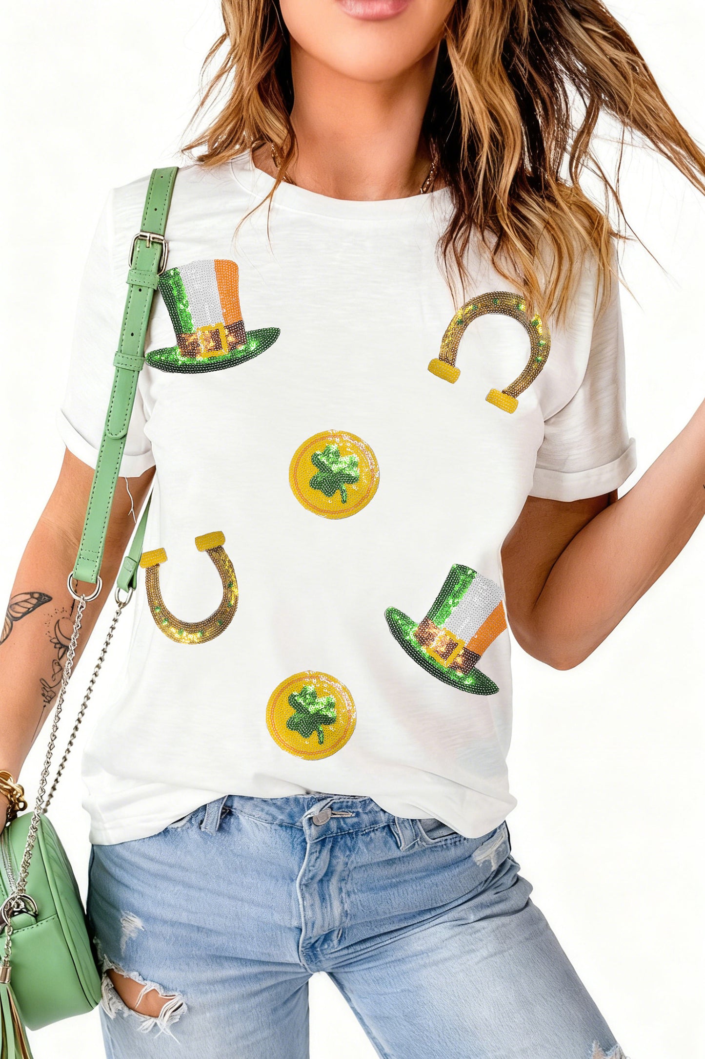 St. Patrick’s White Sequin Clover Coin Graphic Tee