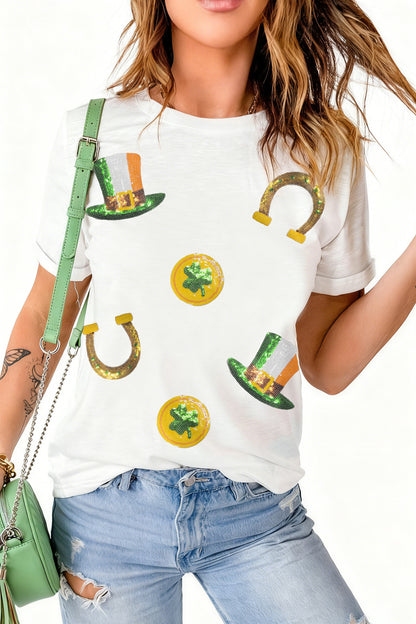 St. Patrick’s White Sequin Clover Coin Graphic Tee