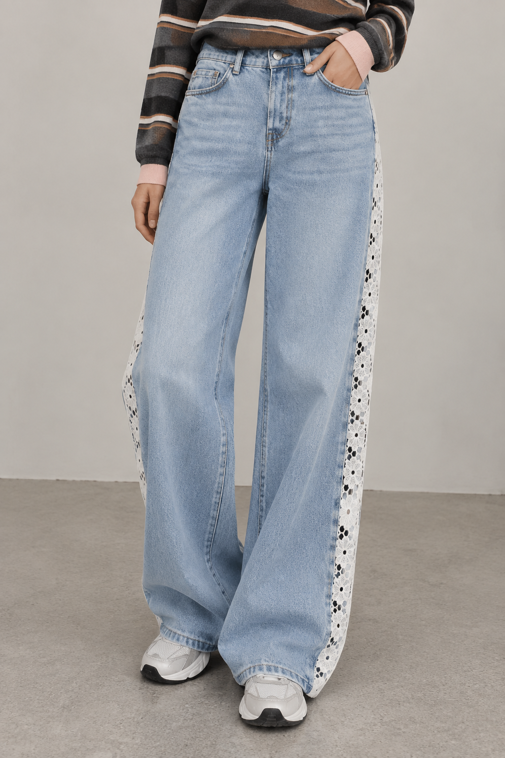Women's High Waisted Wide Leg Jeans Crochet Panel