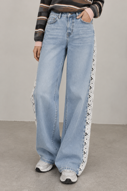 Women's High Waisted Wide Leg Jeans Crochet Panel