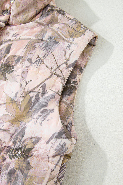 Brown Camo Leaf Print Lightweight Winter Puffer Vest