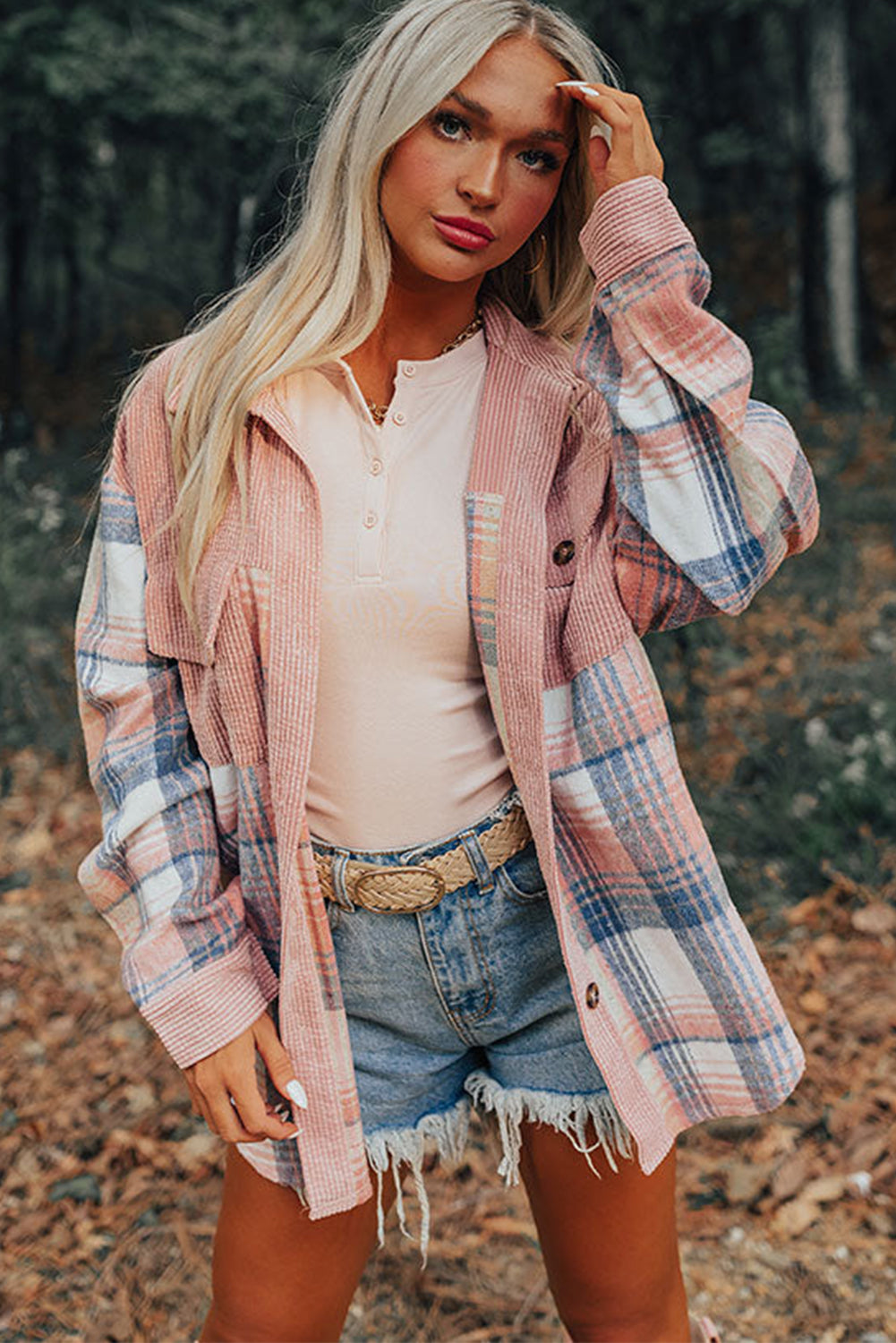 Light Pink Plaid Corduroy Patchwork Pocket Shacket