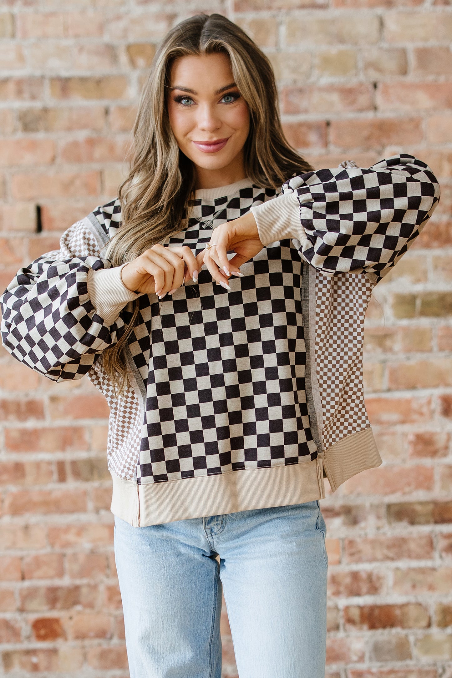 Khaki Checkered Patchwork High Low Round Neck Casual Top